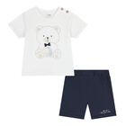 Baby Boys White & Navy Blue Teddy Bear Shorts Set, 1, hi-res