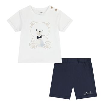 Baby Boys White & Navy Blue Teddy Bear Shorts Set