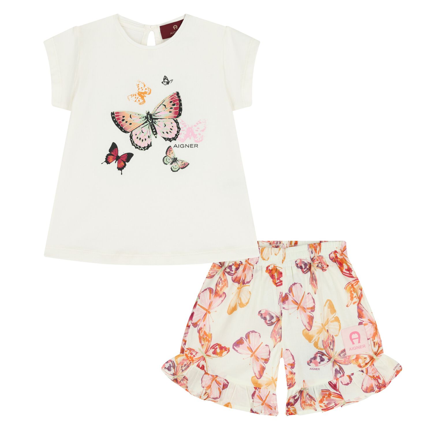 Younger Girls Ivory & Orange Butterfly Shorts Set, 1, hi-res