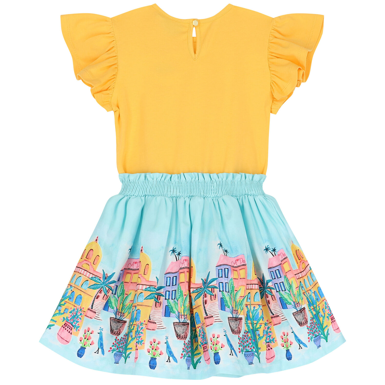Girls Yellow & Blue Tropical Island Dress, 1, hi-res