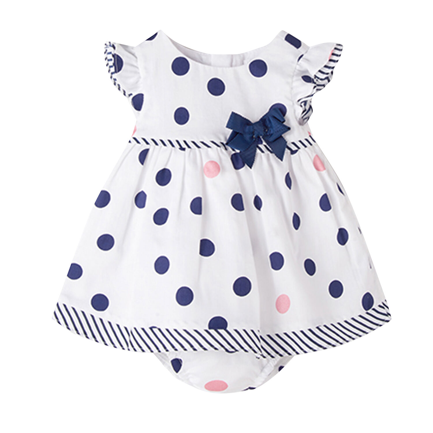 Baby Girls White & Blue Polka Dot Dress Set, 1, hi-res