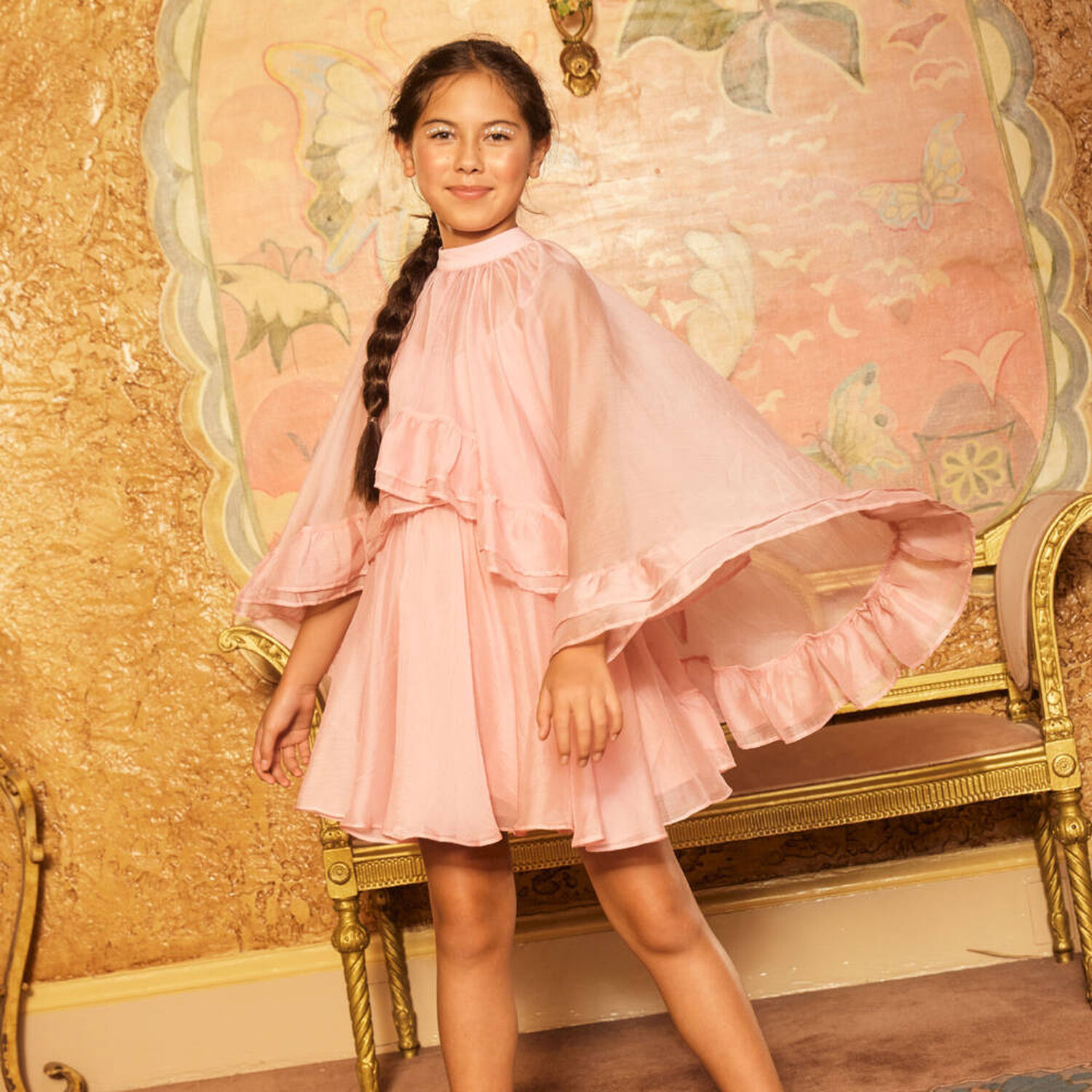 Girls Pink Chiffon Cape Dress Set, 1, hi-res image number null