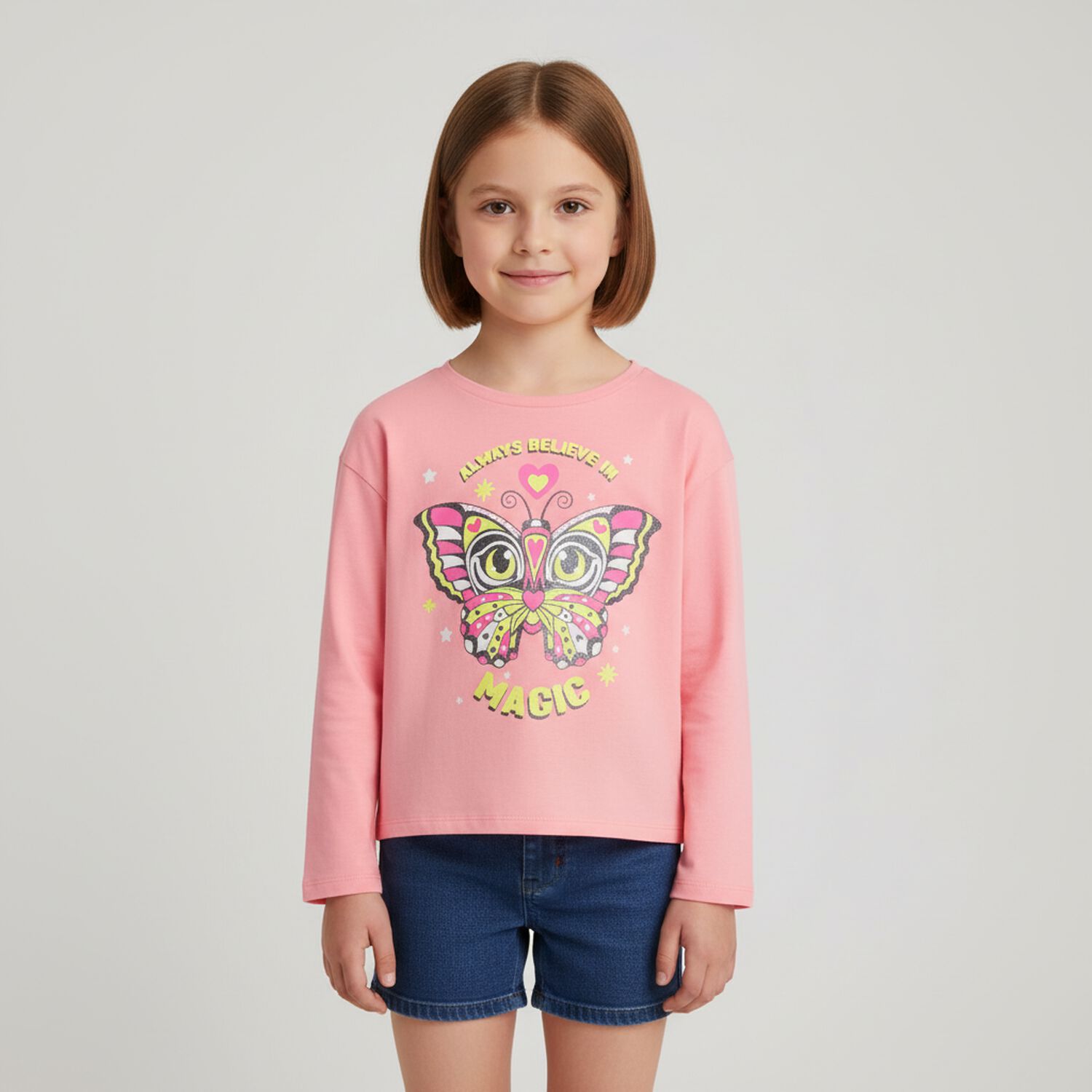 Girls Pink Butterfly Long Sleeve Top, 1, hi-res