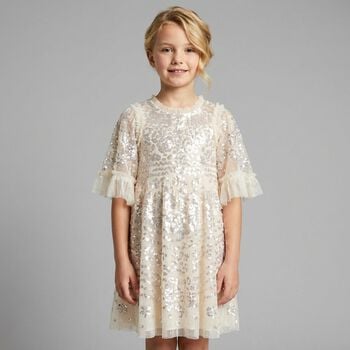 Girls Ivory Sequin & Tulle Dress