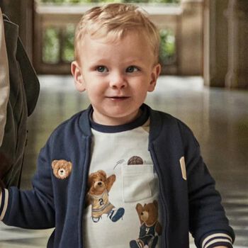 Younger Boys Navy Blue Teddy Bear Zip Up Top