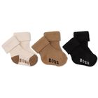 Baby Boys Beige & Black Logo Socks ( 3-Pack ) , 1, hi-res