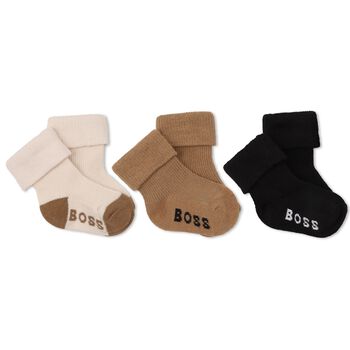 Baby Boys Beige & Black Logo Socks ( 3-Pack ) 