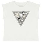 Girls White Sequin Logo T-Shirt , 1, hi-res