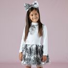 Girls White & Grey Rose Dress, 1, hi-res
