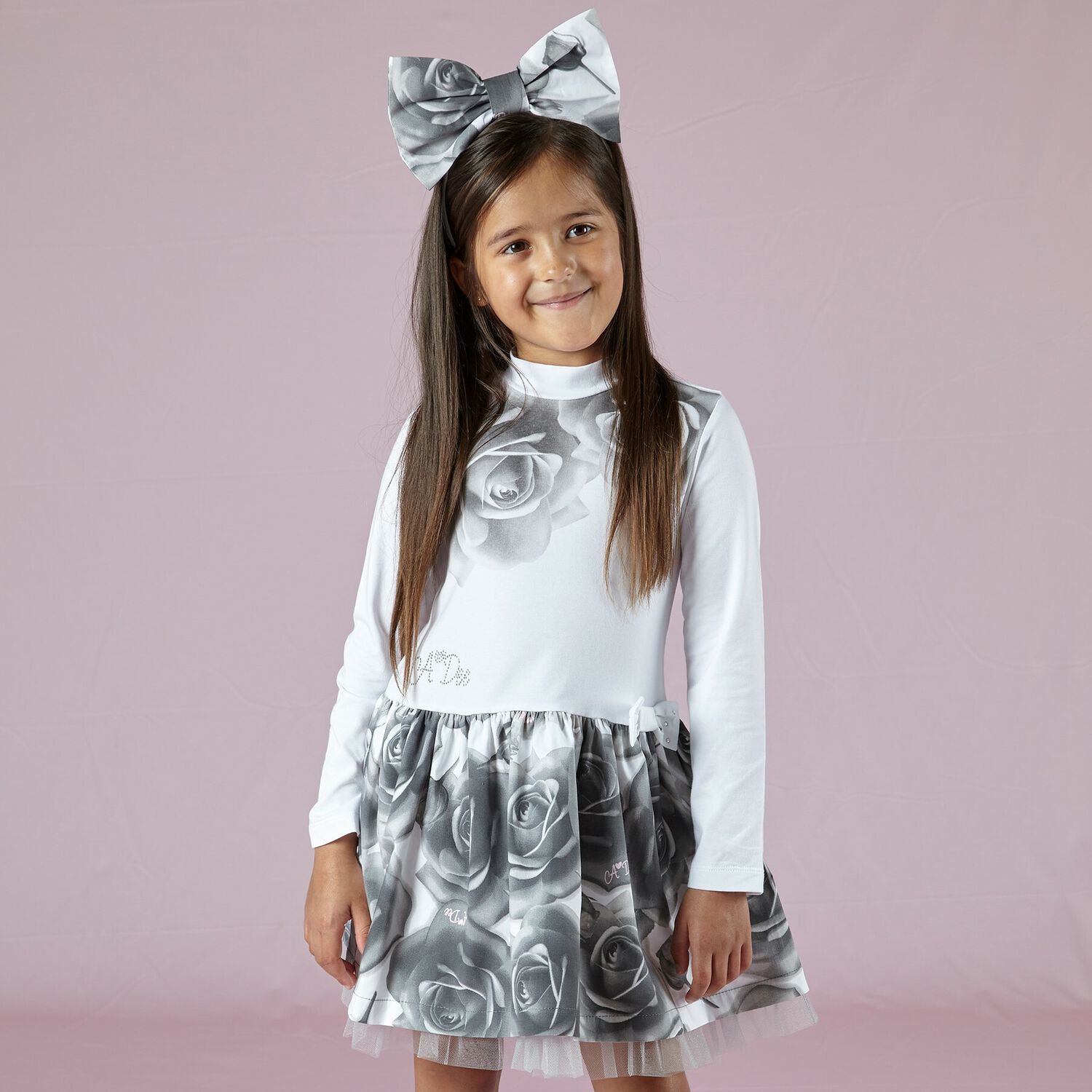 Girls White & Grey Rose Dress, 1, hi-res