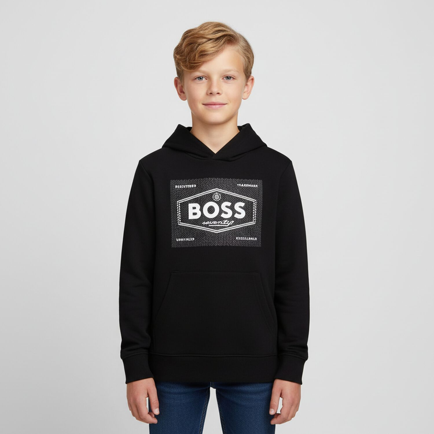 Boys Black Logo Hooded Top, 1, hi-res