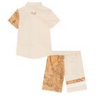 Boys Beige Geo Map Logo Shorts Set, 2, hi-res