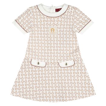 Younger Girls Ivory & Beige Logo Dress