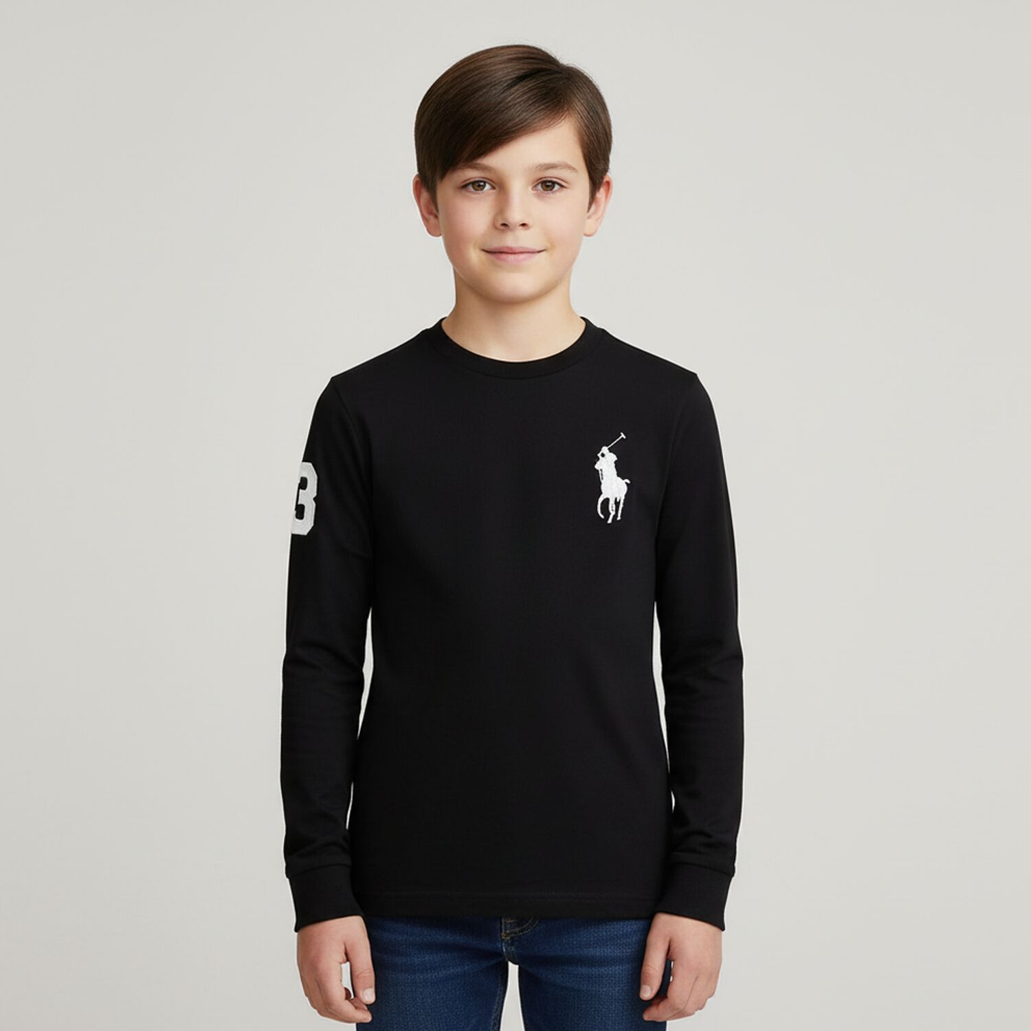 Boys Black Logo Long Sleeve Top, 1, hi-res