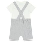 White & Grey Teddy Bear Logo Dungaree Set, 2, hi-res