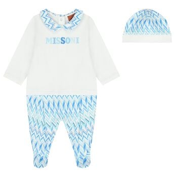 Baby Boys White & Blue Logo Zig Zag Babygrow Gift Set