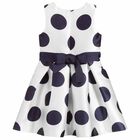 Girls White & Navy Polka Dot Dress, 1, hi-res