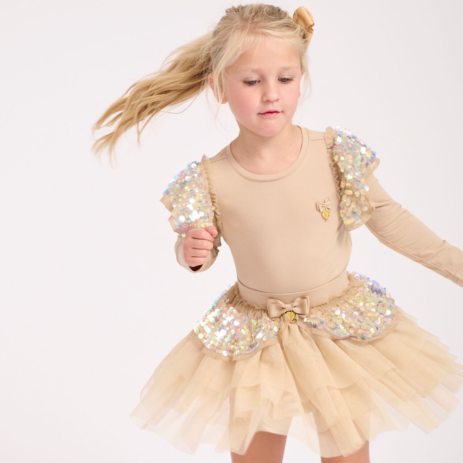 Girls Beige Sequin Tulle Skirt, 3, hi-res