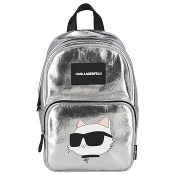 Girls Metallic Silver Logo Backpack