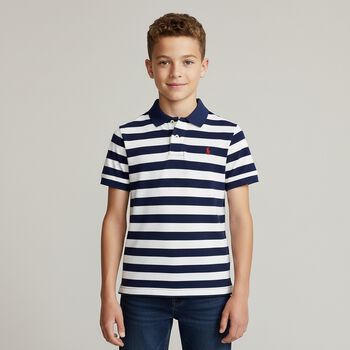 Boys Navy & White Striped Logo Polo Shirt
