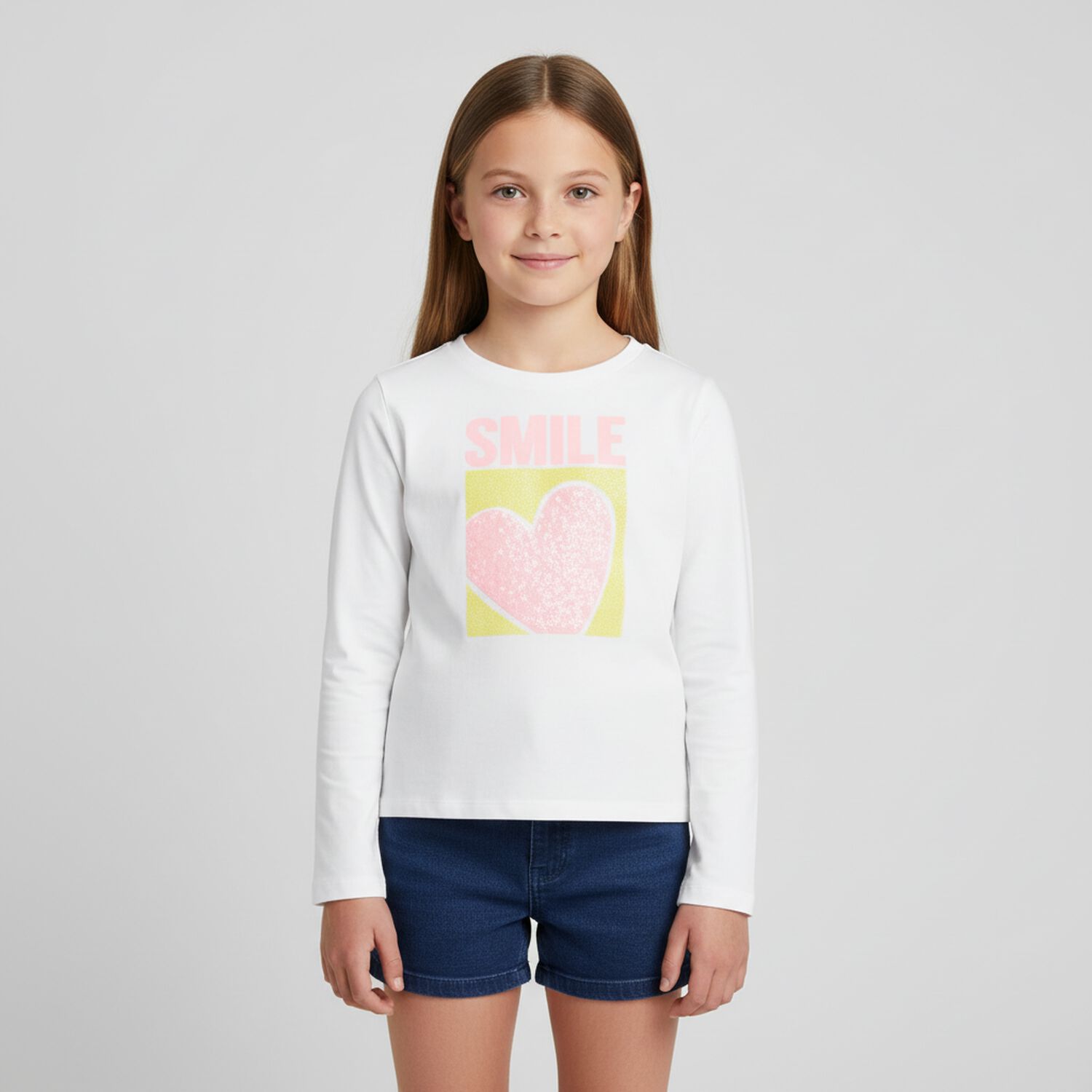 Girls White Embellished Heart Long Sleeve Top, 1, hi-res