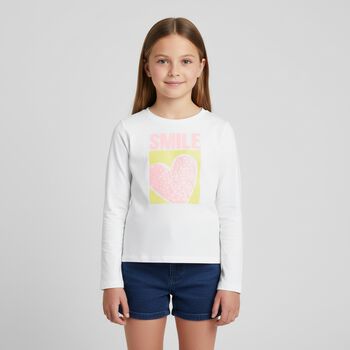 Girls White Embellished Heart Long Sleeve Top