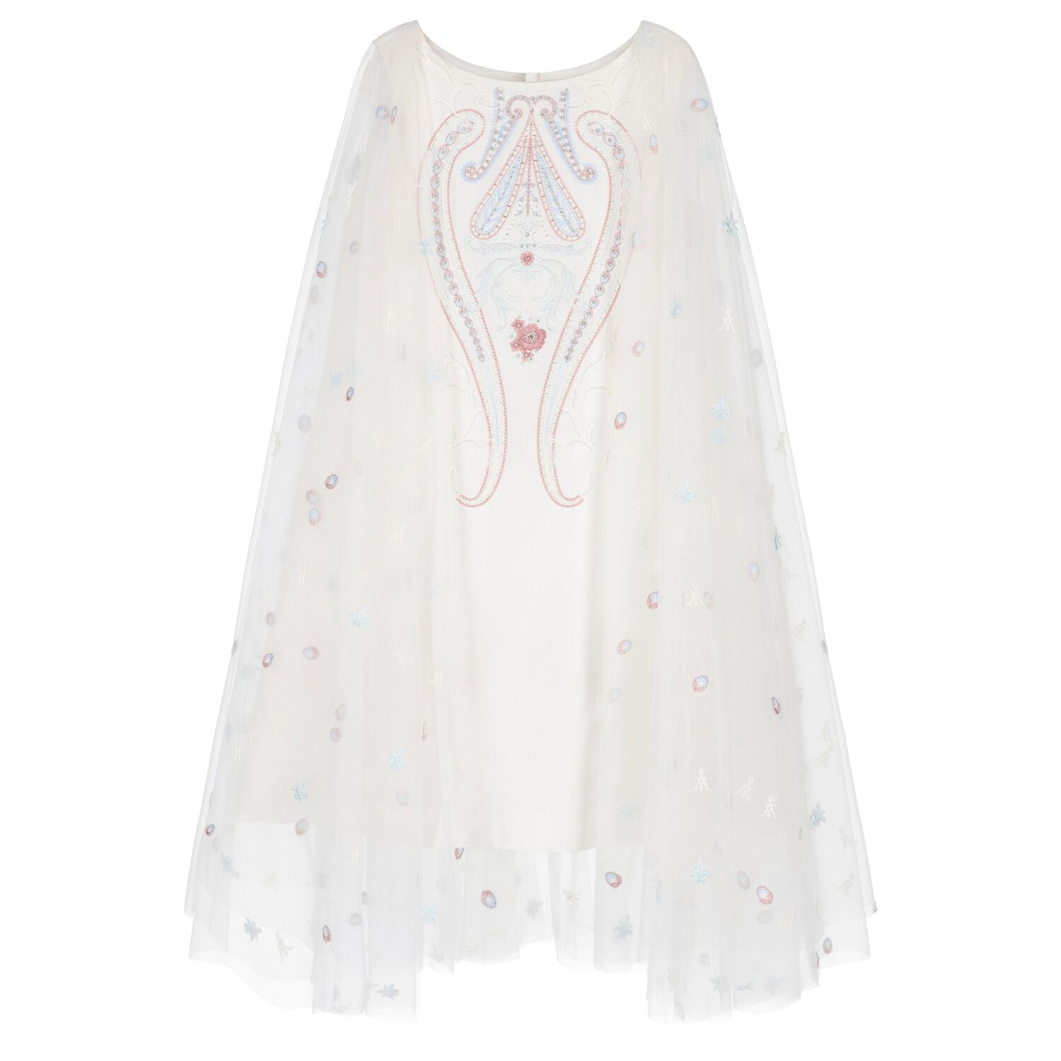 Girls Ivory Flower Cape Tulle Dress , 1, hi-res