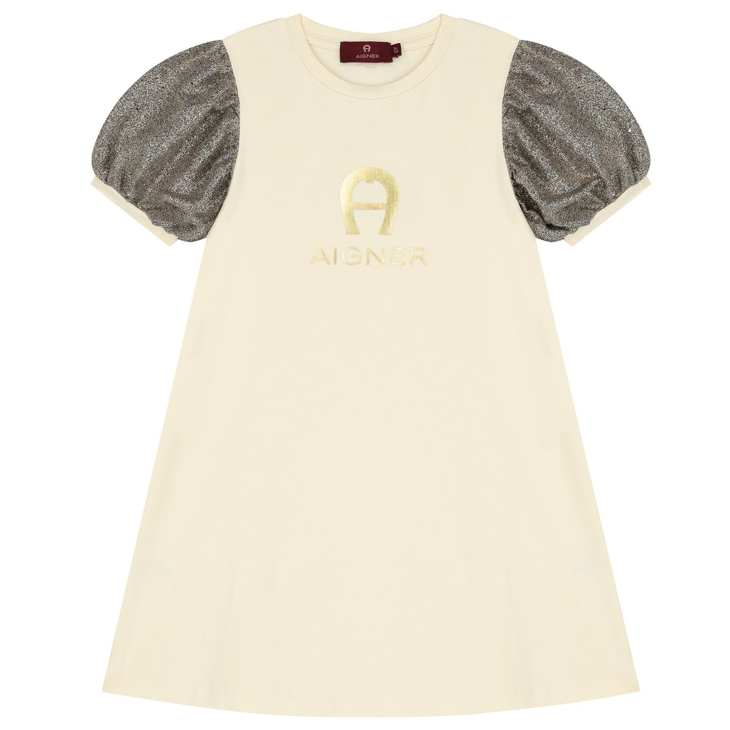 Girls Ivory & Gold Logo Dress, 2, hi-res