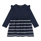 Baby Girls Navy Blue Logo Striped Dress, 1, hi-res