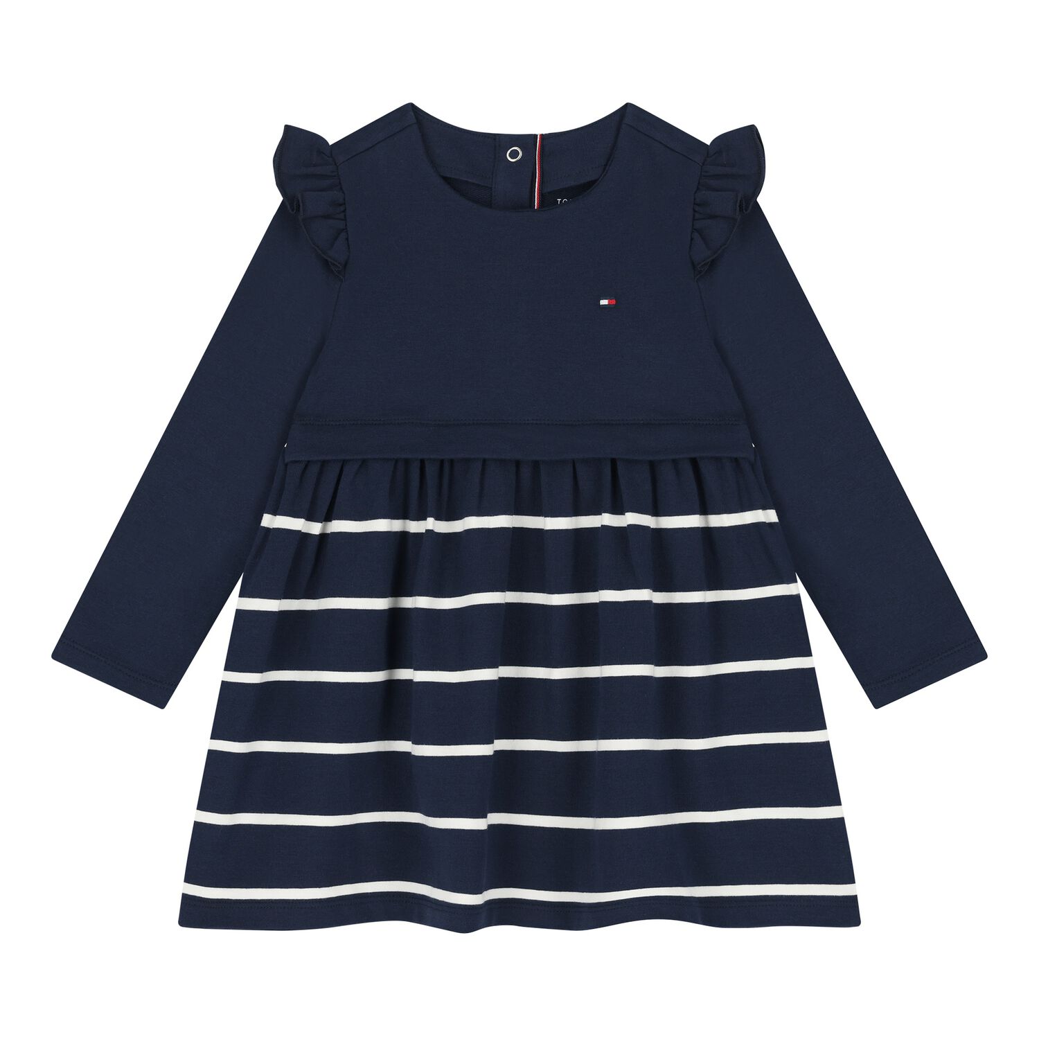 Baby Girls Navy Blue Logo Striped Dress, 1, hi-res