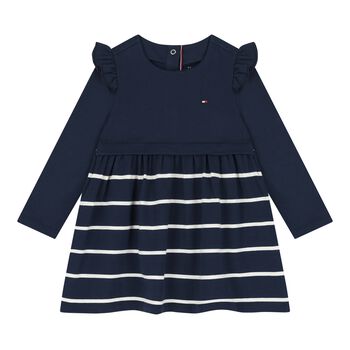 Baby Girls Navy Blue Logo Striped Dress