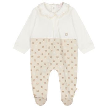 Baby Girls Ivory & Beige Logo Babygrow