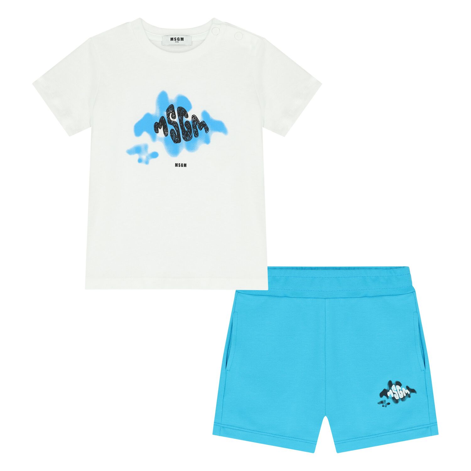Younger Boys White & Blue Logo Shorts Set, 1, hi-res