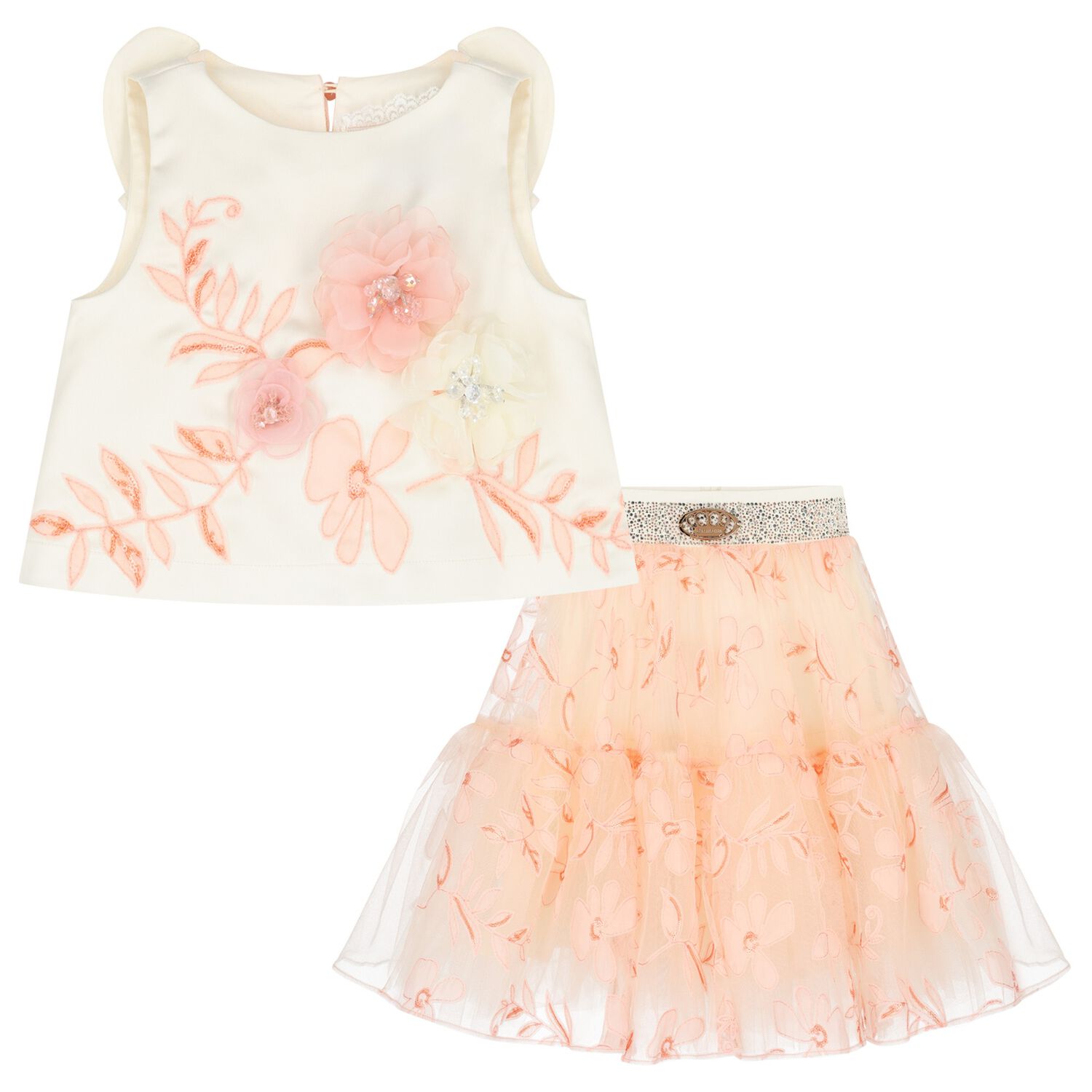 Girls Ivory & Pink Floral Skirt Set, 1, hi-res