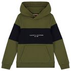 Boys Green & Navy Blue Logo Hooded Top, 2, hi-res