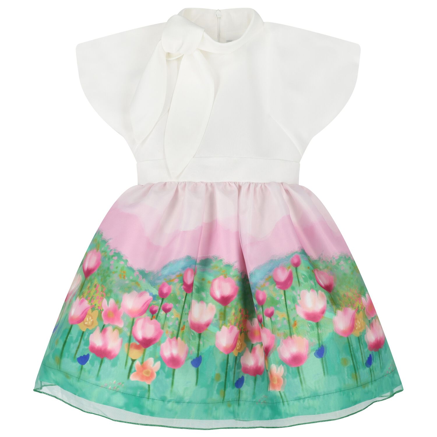 Girls White, Pink & Green Floral Dress, 1, hi-res