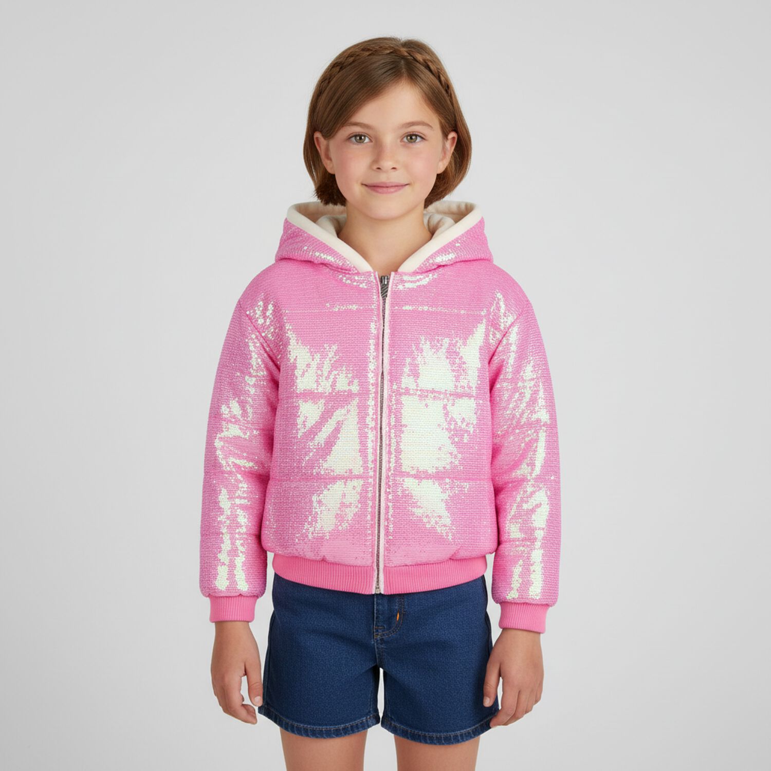 Girls Pink Hooded Sequin Puffer Jacket, 1, hi-res
