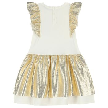 Girls Ivory & Gold Logo Dress