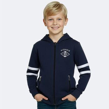 Boys Navy Blue Logo Hooded Zip Up Top