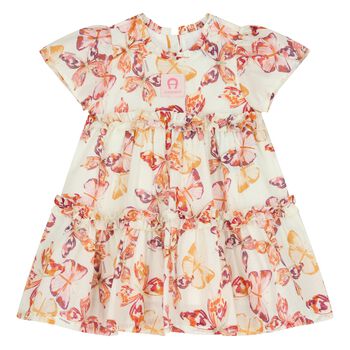 Younger Girls Ivory & Pink Butterflies Logo Dress