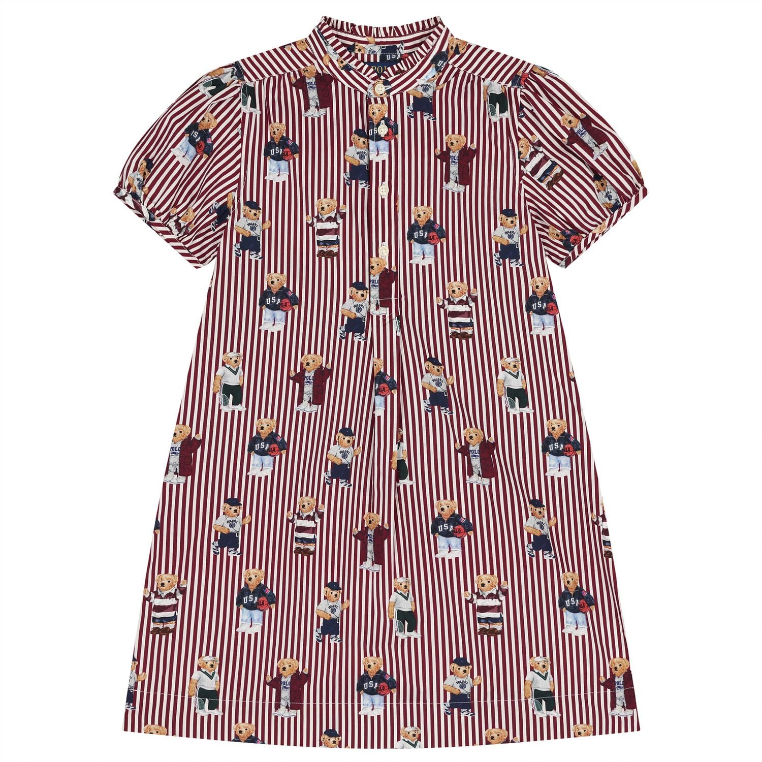 Girls White & Red Polo Bear Striped Dress, 1, hi-res