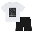 Younger Boys White & Black Logo Short Set, 1, hi-res
