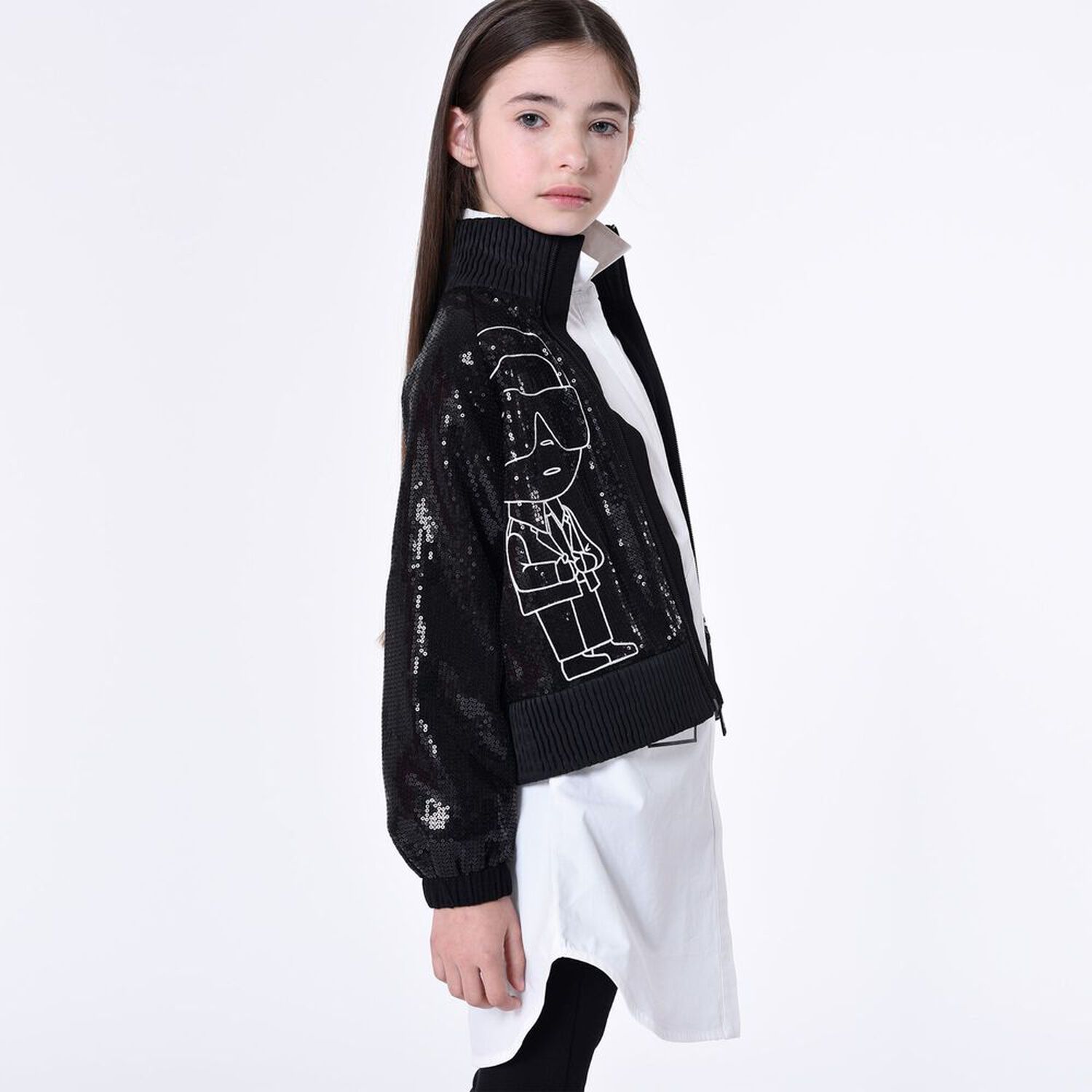 Girls Black Logo Sequin Jacket , 1, hi-res