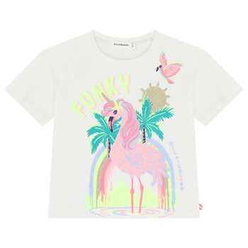 Girls White Pink Unicorn Flamingo T-Shirt