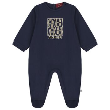 Baby Boys Navy Blue & Gold Logo Babygrow