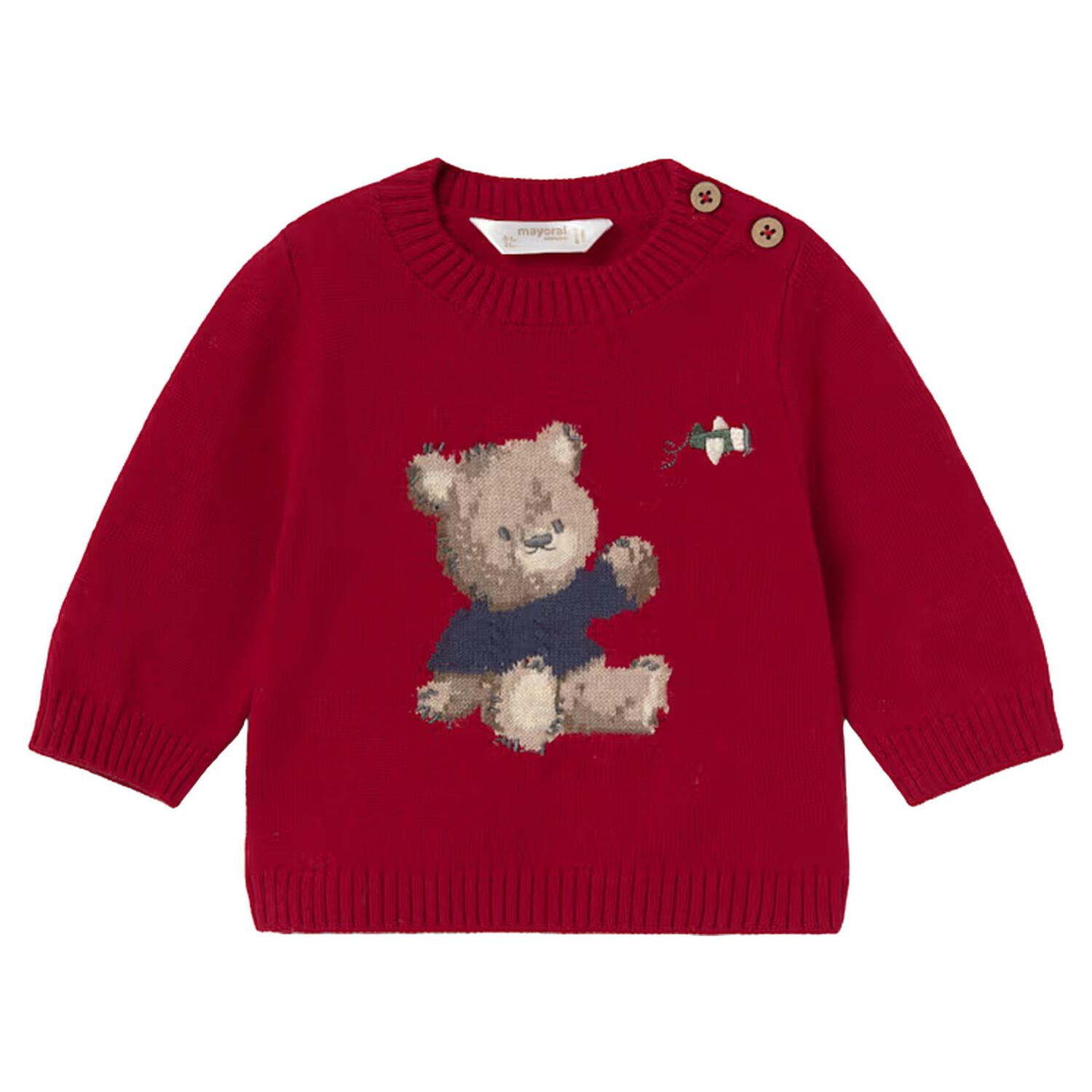 Baby Boys Red Teddy Bear Knitted Jumper, 2, hi-res