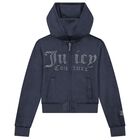 Girls Navy Blue Embellished Logo Hooded Zip Up Top, 1, hi-res
