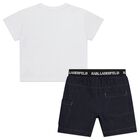 Younger Boys White & Navy Blue Shorts Set, 1, hi-res