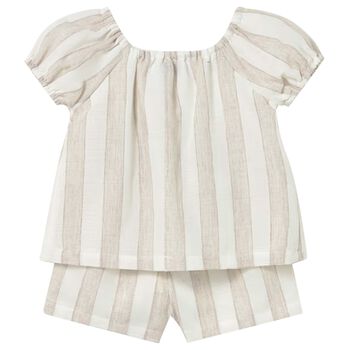 Younger Girls Beige & White Striped Shorts Set