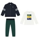 Boys White, Green & Navy Blue 3 Piece Tracksuit, 1, hi-res